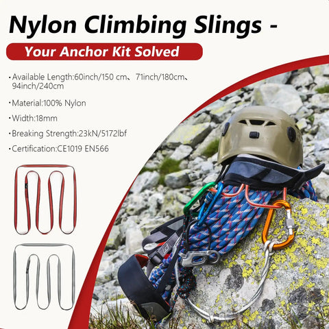 18mm Nylon Climbing Sling Runner With 23kN CE EN566 Certification, 240cm Length, Heavy Duty Webbing in use outdoors