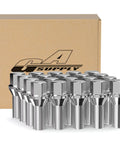 20 Piece Street Ready Chrome Lug Bolts M12 X 1.25 Thread With Rock Solid 28mm Shank And 17mm Hex Head Featuring Conical Seat in box.
