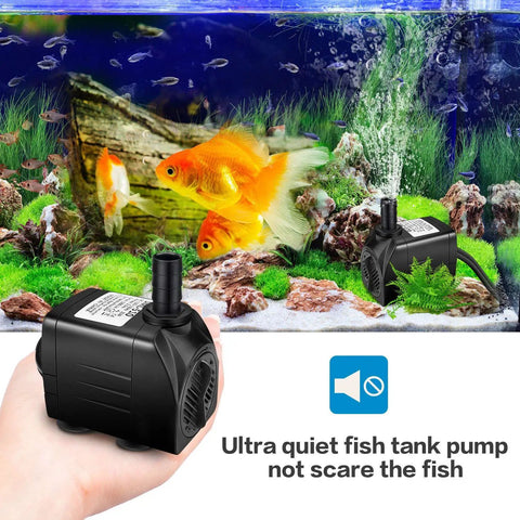 Ultra Quiet Submersible Water Pump 300GPH 1100L/H 21W shown with aquarium and goldfish in vivid tank display