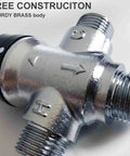 Close-up of Three Way Thermostatic Mixing Valve with solid brass one-piece body, showing 1/2NPT connections and markings.