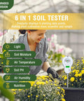 Woman using Six In One Soil Tester With Light, Moisture, pH, Temperature, Humidity, And Nutrient Readings for plants in a greenhouse.
