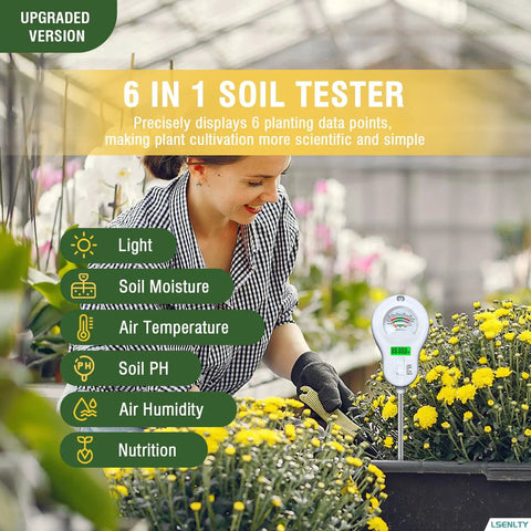 Woman using Six In One Soil Tester With Light, Moisture, pH, Temperature, Humidity, And Nutrient Readings for plants in a greenhouse.