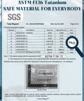 Test report showing ASTM F136 titanium compliance with chemical analysis and certification, with PASS mark for safe material.