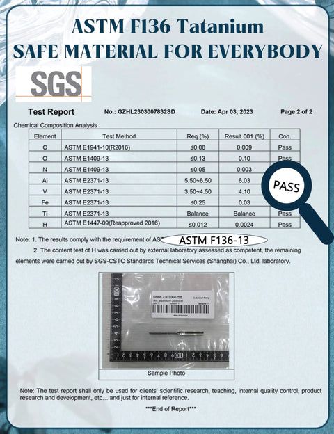 Test report showing ASTM F136 titanium compliance with chemical analysis and certification, with PASS mark for safe material.