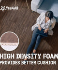 Woman sitting on Interlocking EVA Foam Floor Tiles Puzzle Mats With Border 24x24 Inches For Home, Living Room, Garage 48 Sq Ft Coverage Cushioned