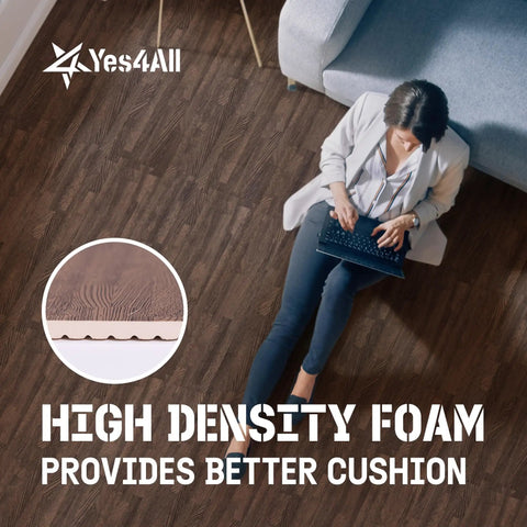 Woman sitting on Interlocking EVA Foam Floor Tiles Puzzle Mats With Border 24x24 Inches For Home, Living Room, Garage 48 Sq Ft Coverage Cushioned