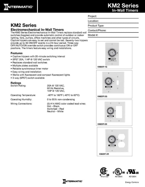 Technical specifications sheet for 1 Gang SPST In-Wall 24 Hour Electromechanical Timer For Indoor Outdoor Lighting And Equipment With 20 Amp Capacity