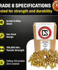 Heavy Duty 1/4-20 X 1 Inch Grade 8 Hex Head Bolt Quenched Tempered Alloy Steel Design For Dead Tight Security And Rugged Workbench Projects Or Street Rod Restos in a box with yellow zinc coated bolts.