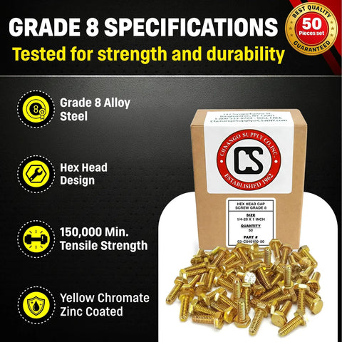 Heavy Duty 1/4-20 X 1 Inch Grade 8 Hex Head Bolt Quenched Tempered Alloy Steel Design For Dead Tight Security And Rugged Workbench Projects Or Street Rod Restos in a box with yellow zinc coated bolts.