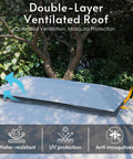 Double-layer ventilated roof of 10x13 Outdoor Gazebo With Mosquito Netting And Privacy Screens under trees.
