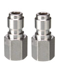 Two metal 1/4-inch quick-connect pressure washer fittings with female NPT ends, front view, 2-pack