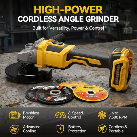 Badass Cordless Angle Grinder Compatible With DeWalt 20V Max Tool Only Beast Mode Power For Precision Metal Cutting Grinding And Polishing With Quick Release Guard on a workbench with cutting discs.