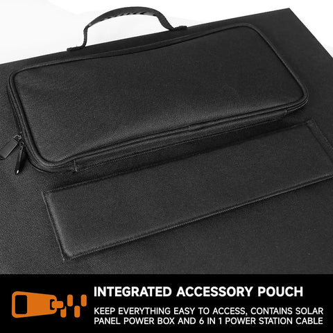 Carrying handle and accessory pouch on 200W Monocrystalline Portable Folding Solar Panel Charger