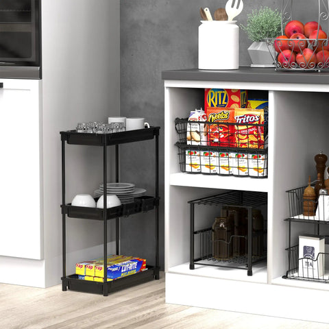 Slim 3 Tier Rolling Storage Cart for Narrow Spaces Black Metal Frame with Easy Glide Casters in a kitchen setting