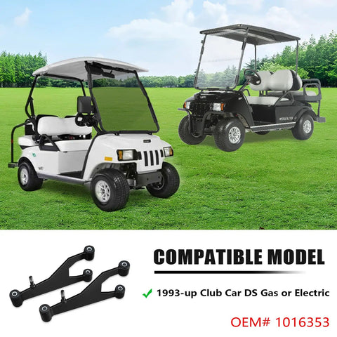Delta A Plate Sub Assembly For Club Car DS 1993 Up Gas And Electric Golf Carts Driver And Passenger Side Two Pack Replacement OEM 1016353 Heavy Duty Steel Alloy For Easy Install with compatible golf carts displayed.