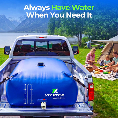 540L version of 1000L Portable Collapsible Water Bladder Tank For Camping And RV Use in pickup truck bed near campsite