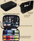 Grab And Go Sewing Kit For Adults And Beginners A Portable Travel Kit With 24 Thread Colors Needles Scissors And All The Sewing Supplies You Need For Quick Emergency Clothing Repairs Buttons Threaders Seam Ripper Measuring Tape And Home Mending, shown open with contents displayed in black case with handle and pockets.