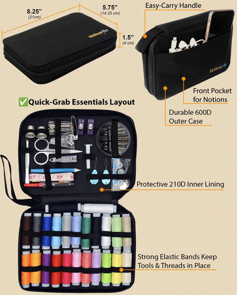 Grab And Go Sewing Kit For Adults And Beginners A Portable Travel Kit With 24 Thread Colors Needles Scissors And All The Sewing Supplies You Need For Quick Emergency Clothing Repairs Buttons Threaders Seam Ripper Measuring Tape And Home Mending, shown open with contents displayed in black case with handle and pockets.