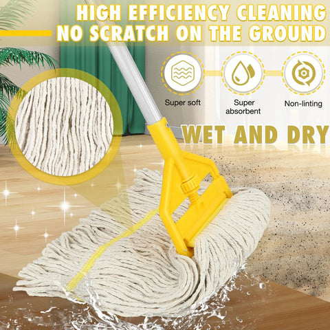 Heavy Duty Cotton Mop With 59 Inch Handle For Industrial And Home Floors, Looped End Wet Mop Head For Garage, Workshop, Office