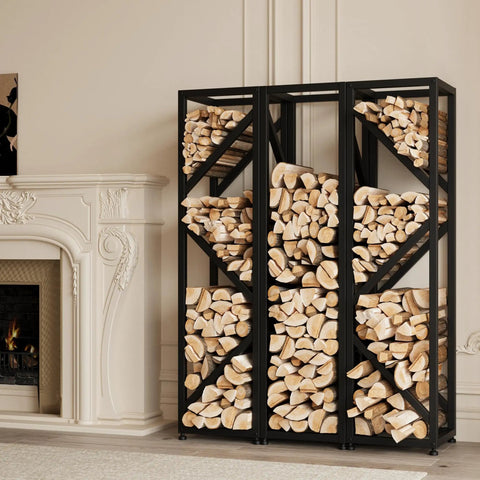 4 Tier Indoor Firewood Rack 47 Inch Tall Heavy Duty Log Holder For Fireplace Minimalist Black Design Space Saving Vertical Storage