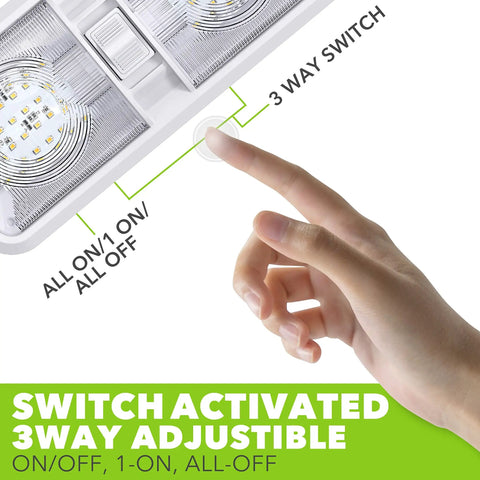 Hand activating 3-way switch on RV Ceiling Double Dome LED Light Fixture With On Off Switch For Car RV Trailer Camper Boat 12V