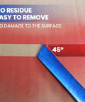 Close-up of blue painter tape being removed at a 45-degree angle, demonstrating clean edge without residue, text overlay present.