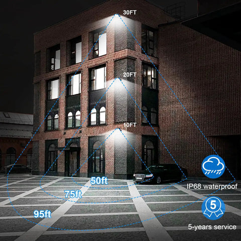 Night view showing Adjustable Mounting Arm For LED Barn Lights illuminating a building from different heights.