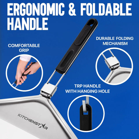 Perforated Pizza Peel 12 Inch With 10 Inch Folding Handle Stainless Steel Spatula Paddle For No-Fuss Pizza Transfer And Easy Storage Space Saving Outdoor Pizza Oven Accessory with ergonomic handle shown.