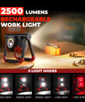 Rechargeable LED Work Light with Dual COB Panels, 2500 Lumens, folding design, magnetic base, shown with 5 light modes.