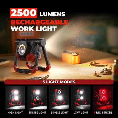 Rechargeable LED Work Light with Dual COB Panels, 2500 Lumens, folding design, magnetic base, shown with 5 light modes.