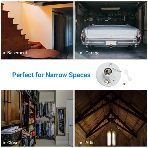 Porcelain Pull Chain Light Socket With Grounded Outlet, E26 E27 Base, UL Listed, 2 Pack, shown in basement, garage, closet, attic.