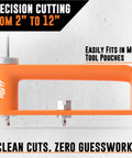 Side view of Beefy Adjustable Metal Hole Cutter for 2 to 12 inch holes, orange design, fits tool pouches, for ductwork and HVAC.