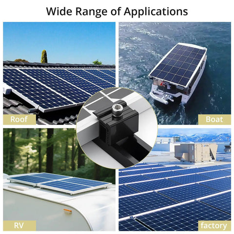 No Sweat Solar Panel Roof Mounting Kit With Six Heavy Duty Four Point Seven Two Inch Rails and Flexible Adjustable End Clamps on rooftop, RV, and boat.