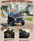 Two kids in a licensed Ford F-150 Raptor 24V ride-on toy, black, two-seater, remote control, LED headlights, outdoor driveway