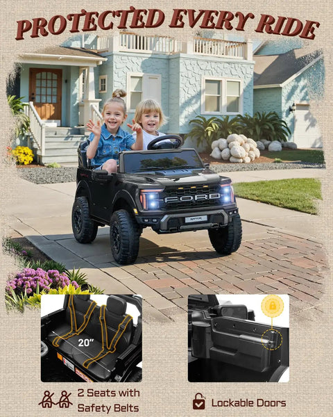 Two kids in a licensed Ford F-150 Raptor 24V ride-on toy, black, two-seater, remote control, LED headlights, outdoor driveway