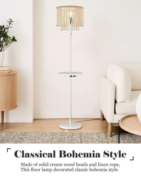 Cozy Boho Birch Wood Beaded Floor Lamp With USB Type C Port And Outlet, 58 Inch Tall Reading And Side Table Lamp in living room