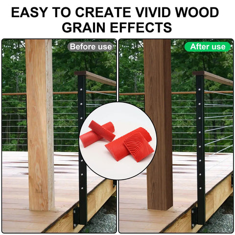 Before and after using Heavy Duty Wood Graining Tool Set 4 Piece Rubber Paint Comb, showing transformed wood grain effects.
