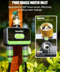WiFi Garden Hose Timer With Brass Inlet Dual Zone Smart Sprinkler Controller attached to hose showing brass components