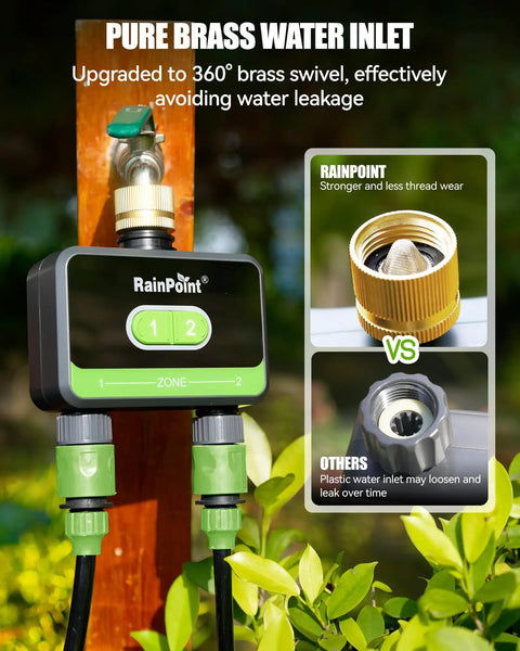 WiFi Garden Hose Timer With Brass Inlet Dual Zone Smart Sprinkler Controller attached to hose showing brass components
