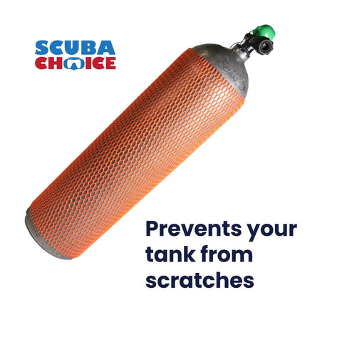 Universal Fit Scuba Tank Mesh Sleeve Cover For Scratch Prevention, Durable Nylon Protective Sleeve In Orange displayed on tank