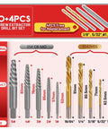 14-piece screw extractor set with left-hand drill bits for removing stripped screws; sizes 5–1 and 19/64"–1/8"