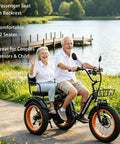 Adult Folding Electric Tricycle With Passenger Seat And Wide Tires 350W Motor 750W Peak Up To 20 MPH 25 To 30 Mile Range 48V 15Ah Aluminum Frame 7 Speed Three Wheel E Trike For All Day City Cruising with two seniors on a park path