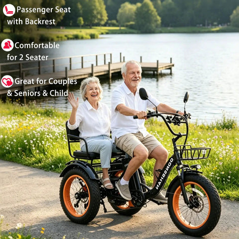 Adult Folding Electric Tricycle With Passenger Seat And Wide Tires 350W Motor 750W Peak Up To 20 MPH 25 To 30 Mile Range 48V 15Ah Aluminum Frame 7 Speed Three Wheel E Trike For All Day City Cruising with two seniors on a park path