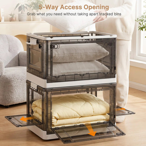 Hella Spacious Clear Stackable Storage Bins Three Pack With Lids And Rolling Wheels Collapsible Containers holding linens stacked with a user accessing them.