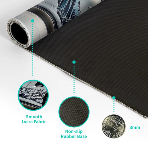 Close-up of Ukiyoe Style Sports Car Themed Large Gaming Mouse Pad Desk Mat 31.5 By 11.8 Inches With Non Slip Rubber Base, 3mm thick.