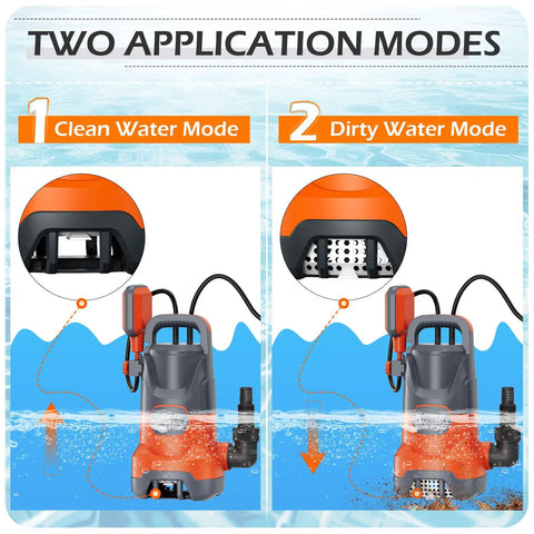 Diagram showing 1HP Submersible Sump Pump With Float For Clean And Dirty Water 4500 GPH Portable Electric Water Transfer Pump