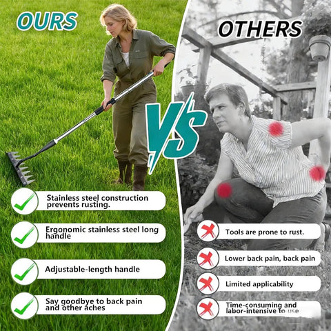 Comparison of adjustable long handle weed puller with 8 tines for easy manual weeding versus traditional tools, featuring user benefits.
