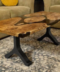 Industrial Coffee Table Legs Set Of 2, 16.1 Inches High, shown with a rustic wood table on ornate rug