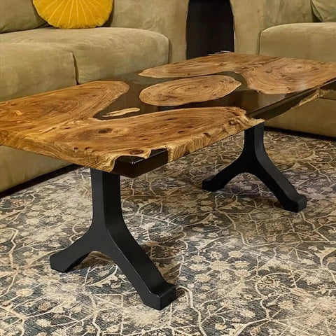 Industrial Coffee Table Legs Set Of 2, 16.1 Inches High, shown with a rustic wood table on ornate rug