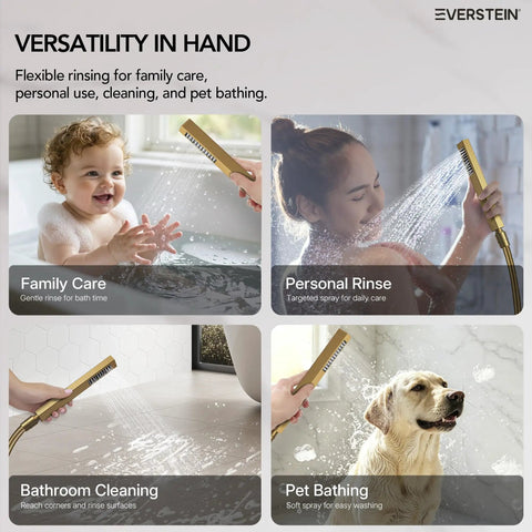 Luxury Ceiling Mount Shower System With Integrated Bluetooth Music Player And Brushed Gold Rainfall Panel For A Fast Bathroom Makeover That Drops Serious Spa Vibes Daily used for family care, personal rinse, cleaning, and pet bathing.